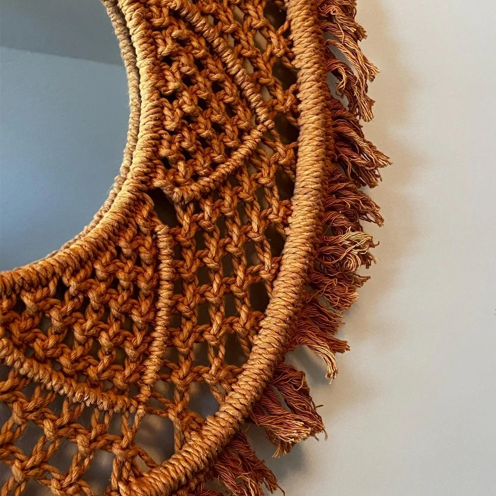 Vintage Boho Macrame Wall Mirror Round Woven Fringe Mirror 21